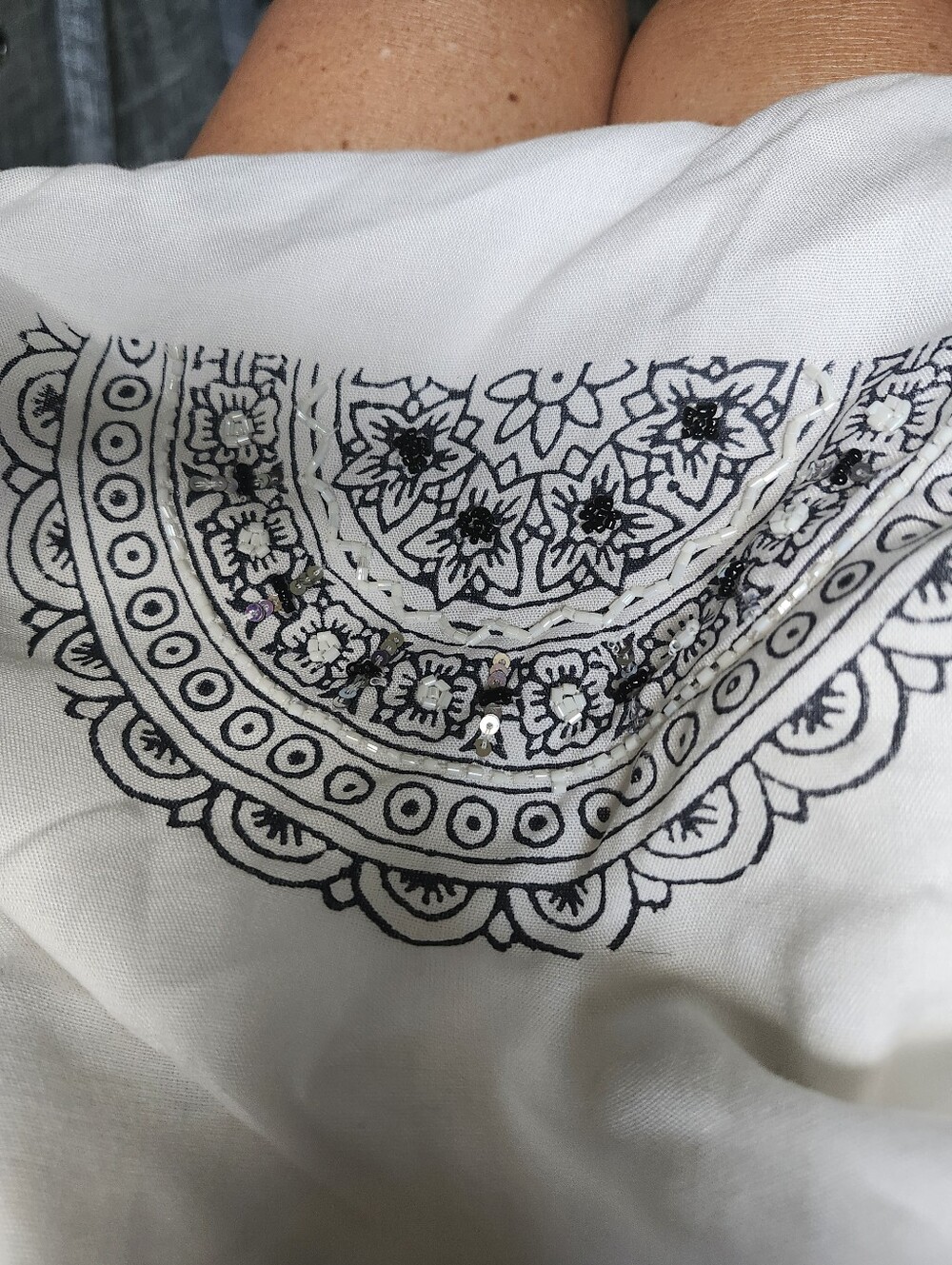 White bohemian Slouch Bag with Black Mandala Detail. 100% Viscose
